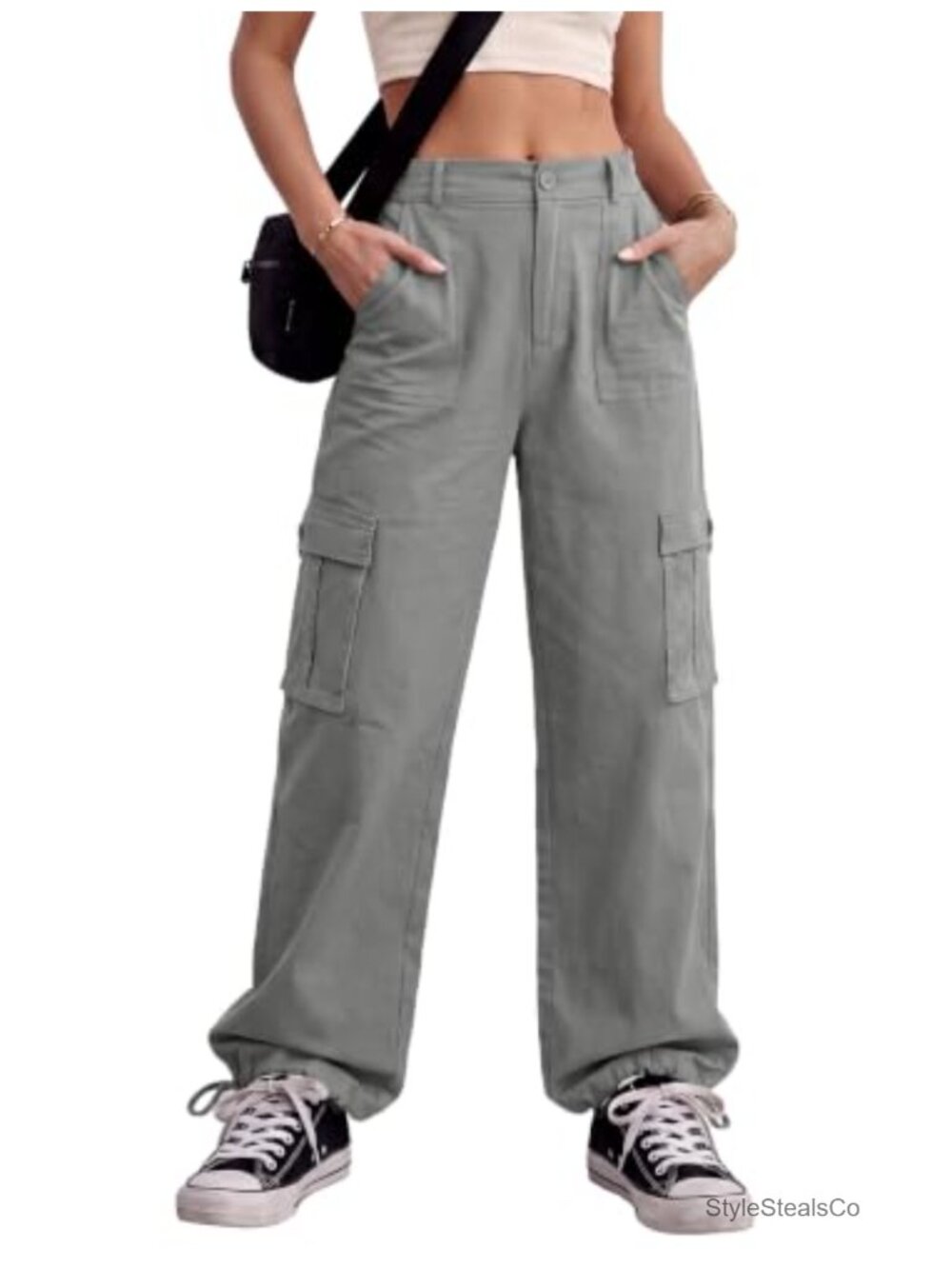 High Waisted Cargo Pants with 6 Pockets Drawstring Ankle Cuffs